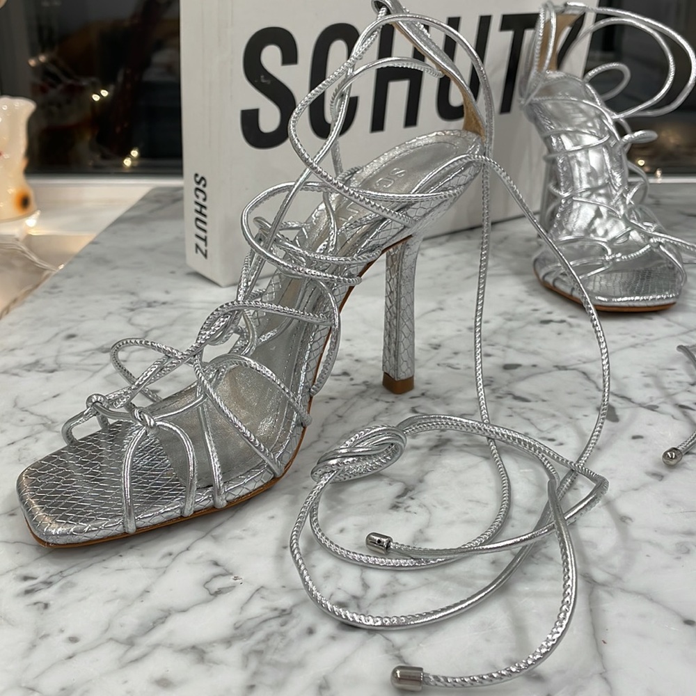 Schutz Almost Brand New Silver Strappy Metallic Lace up Heels